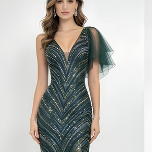 Tessuto in Pizzo con Perline Stile Art Déco Marocchino, <span class=keywords><strong>Tulle</strong></span> Ricamato Geometrico <span class=keywords><strong>Verde</strong></span> <span class=keywords><strong>Smeraldo</strong></span> per Abiti da Sposa e da Sera - Product Image 3