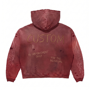 Felpa <span class=keywords><strong>con</strong></span> <span class=keywords><strong>Cappuccio</strong></span> da <span class=keywords><strong>Uomo</strong></span> in Cotone Pesante Lavato all'Acido, Stile Vintage Rosso Streetwear <span class=keywords><strong>con</strong></span> Stampa Personalizzata Effetto Consumato e Bordi Sfrangiati - Product Image 2