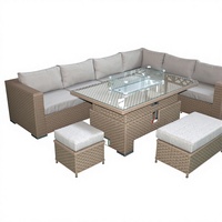 Canapé d'extérieur modulable en osier marron de luxe en forme de L, avec table relevable réglable en hauteur et foyer intégré – Vente chaude directe usine
