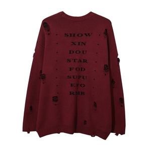 Wholesale Distress Vintage Oversize Cropped Top <b>Hoodie</b> for <b>Men</b> Grim Reaper Ripped Knit Sweater <b>Burgundy</b> - Product Image 2