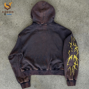 Sweat à capuche court et ample pour homme, sans cordon de serrage, à double fermeture éclair, avec logo personnalisé sérigraphié, effet vieilli, délavé à l'acide, en tissu épais - Product Image 3