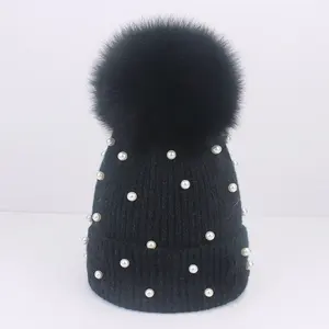 Factory supplier new brand women pompom beanie hats children kids hat with pompom 15cm real fur ball pom pom beanie hat