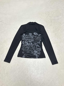 T-shirt femme vintage à col carré et manches longues, respirant, coupe ajustée - Imprimé floral numérique sur toute la surface, haut tricoté pour l'automne - Product Image 2