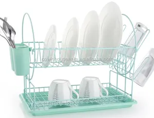 Estante de almacenamiento de platos de secado de cocina con escurridor nuevo diseño de Color verde estante de platos de 2 niveles de alambre de Metal