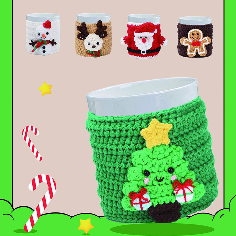 Crochet kit for green christmas tree cup cozy