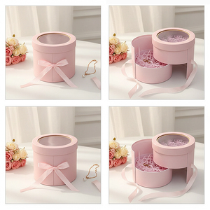 Boîtes cadeaux rigides en carton personnalisées, rondes, roses, avec couvercle et base, pour la fête des mères, pour fleurs - Product Image 5