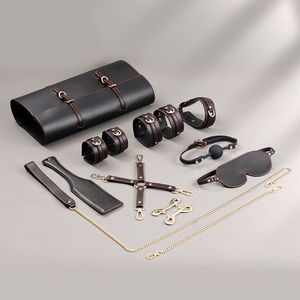 High Quality BDSM Set <b>Leather</b> Bondage <b>Handcuffs</b> Blindfold Gag Shackles-Exotic Sex Toys for Couples - Product Image 1