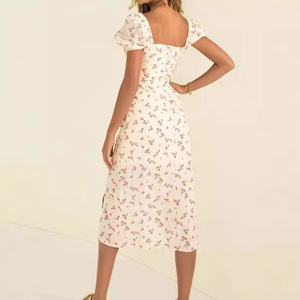 Nuevo Vestido de Mujer, Estilo Francés Retro, Floral, Ajustado, con Abertura Lateral y Mangas Abullonadas Largas - Product Image 4