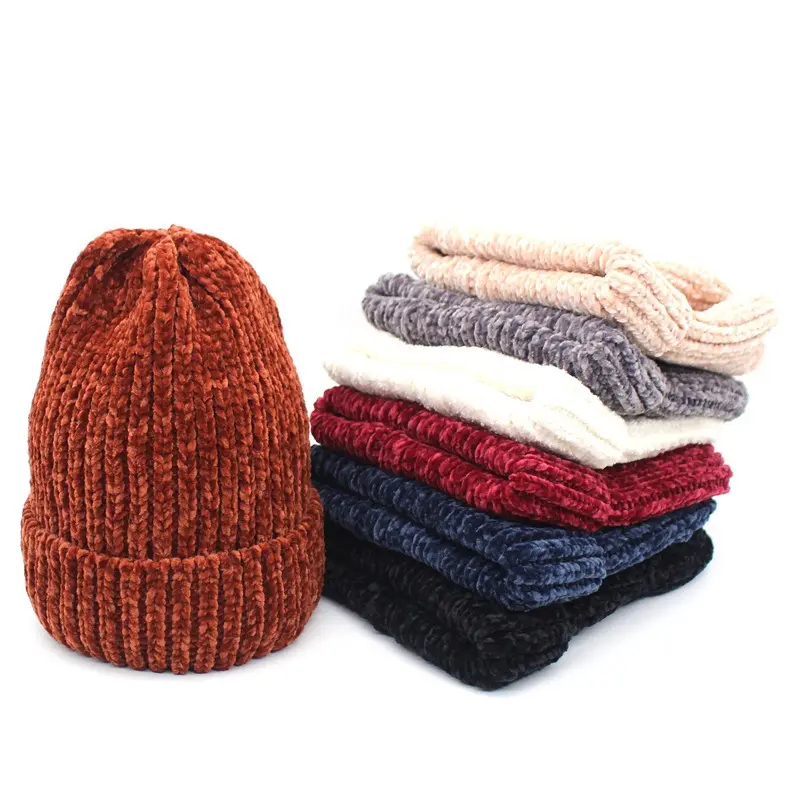 Модные рубчатые женские шерстяные шапки из <span class=keywords><strong>синели</strong></span>, зимняя вязаная шапка