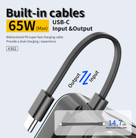 Batería Externa Aspor A362, la Más Vendida, con Carga Rápida de 65W, 20000mAh, Doble USB, para Teléfono Inteligente, con Cables Integrados