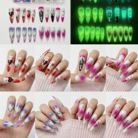 Boîte de rangement à 4 compartiments pour faux ongles Halloween à presser, impression 3D, phosphorescents, longs, forme Stiletto, style gothique, pour déguisements de fêtes