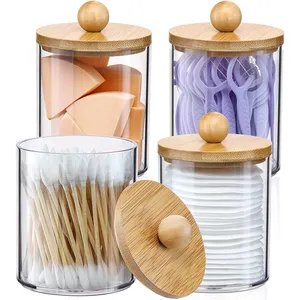 Distributeur de pots en plastique transparent de haute qualité, conteneurs de stockage pour coton-tige, tampons de boule, fil avec couvercles en bambou