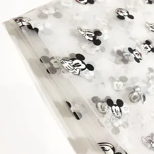 Black white Foil Printed cartoon mickey mouse design print polyester mesh fabric