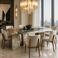 Table à manger de luxe en marbre vert diamanté Pandora, plateau en quartzite exotique, base sculpturale, mobilier de villa