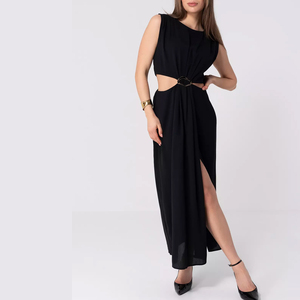 <span class=keywords><strong>Robe</strong></span> midi noire découpée sur mesure pour femme 2026 avec boucle dorée à la taille et fente latérale, robes décontractées vintage pour le bureau, fabrication OEM/ODM - Product Image 1