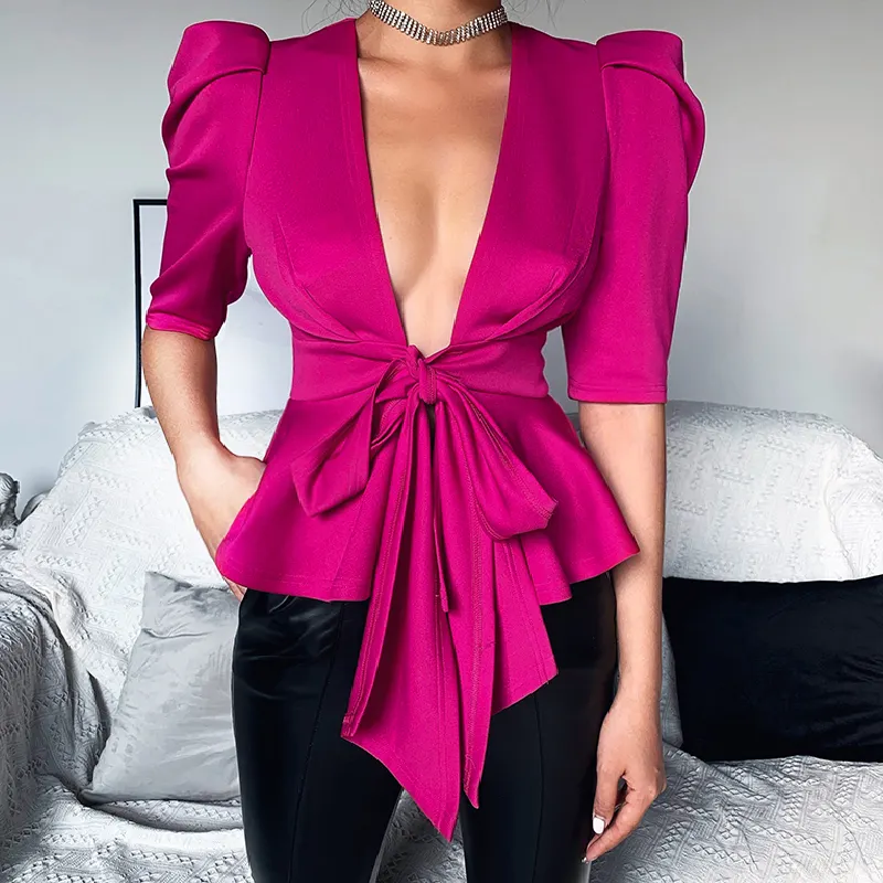 2022 Hot Sale V-neck Bow Tie Waist Controlled Puff Sleeve Women Tops Solid Color Slim Fit Elegant Blouses