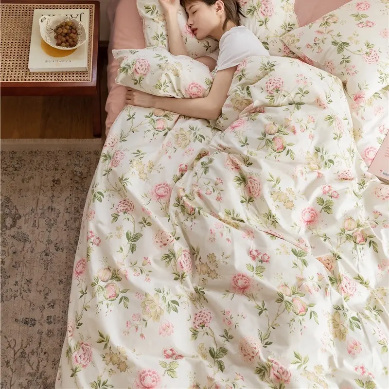 Parure de lit en Rose florale, 4 pièces, avec fermeture éclair, housse de couette, drap, 100% coton, pour lit double, Queen Size