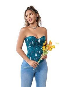 Sexy Santa Costume <span class=keywords><strong>Bustier</strong></span> Top pour les femmes vacances Xmas Santacon Snow Print Green Deep V Corset avec fermeture éclair - Product Image 5