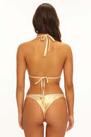 Ensemble bikini 2 pièces en nylon et élasthanne côtelé, finition métallique brillante, haut triangle dos nu et bas string en V, idéal pour les fêtes au bord de la piscine