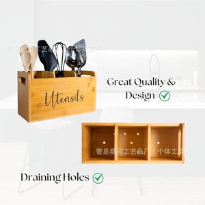 Organizador de utensilios de cocina de madera, caja de almacenamiento de escritorio con múltiples compartimentos para herramientas de cocina - Product Image 4