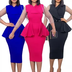 2024 Trendy Spring Plus Size Clothing Elegant Long Sleeve Dress Ruffles Peplum Women Business Dress Office Lady Career Dresses