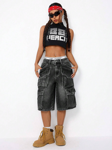 Custom Women <strong>Ladies</strong> Streetwear Trousers Denim <strong>Jeans</strong> Baggy Mid Length <strong>Pants</strong> Casual Everyday Denim <strong>Shorts</strong> With Pocket Design - Product Image 3