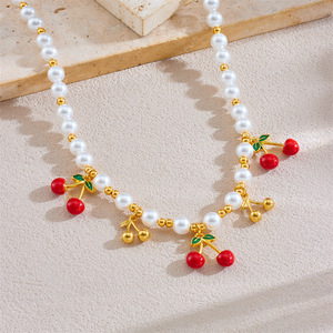 Cherry Pendant Beaded Necklace Women's Pearl Jewelry Everyday Wear Fruit Design N3345 - Product Image 2