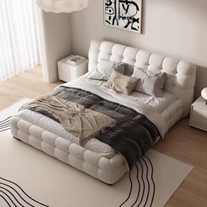 <span class=keywords><strong>Cama</strong></span> Queen-Size Moderna y <span class=keywords><strong>Minimalista</strong></span> de Estilo Puff, con Tapicería de Lana de Cordero Color Crema Estilo Marshmallow, Edición Original - Product Image 3