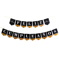 Décorations de fête d'anniversaire, bannière Feliz Cumpleanos, guirlande Joyeux Anniversaire, noir et or pailleté, fournitures de fête espagnoles pour la maison