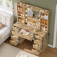Miroir de coiffeuse moderne en bois massif cannelé de 47,2 po avec lumières LED réglables, 7 tiroirs, plateau en verre, station de charge, finition chêne naturel