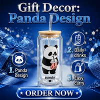 Gobelet en verre borosilicate avec couvercle en bambou et paille en verre, motif panda mignon, réutilisable pour bubble tea et café glacé