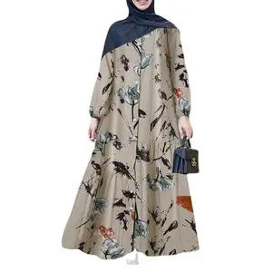 2024 Lente Kleding Plus Size Dames Linnen Lange Mouw Mode Losse Casual Bloemen Lange Jurk Vrouwen Voor Moslims