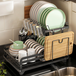 Kitchen Plates Bowls Organization 2 Tier Foldable Metal <b>Dish</b> Drying Rack with Drainboard - Product Image 4
