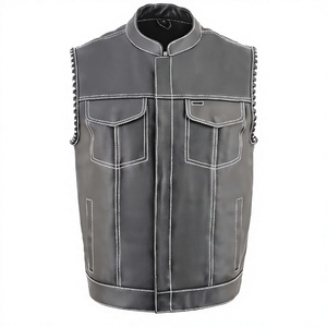 Gilet en cuir pour homme, col mandarin, respirant, style motard, avec poches, pour l'hiver - Product Image 1