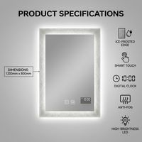 Cermin Kamar Mandi LED Pintar Modern dengan Jam Digital Bluetooth, Tampilan Suhu, Sentuh untuk Mengatur Kecerahan, Anti-Kabut, Anti-Pecah, IP44