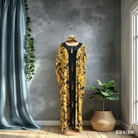 Gaun Maxi Kasual Wanita Afrika Grosir, Motif Tie Dye Batik, Rumbai Emas di Tengah, Panel Hitam, Ukuran Besar, Gaun Wanita