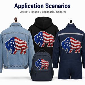 Patchs à paillettes personnalisés OEM, Grand badge brodé Buffalo thermocollant, Emblème pour vêtements du 4 juillet, Logo de créateur de vêtements en gros - Product Image 4