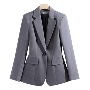 Women's Khaki Blazer Fitted Waist Single Button Solid Color Polyester Anti-Wrinkle Workwear - Product Image 5