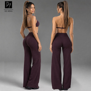 Lot de 2 pièces de vêtements de sport et de yoga à col halter en V profond, pantalon évasé taille haute, séchage rapide - Product Image 1