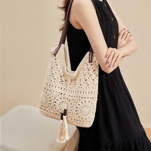 Nuevo Bolso Tote de Paja para Playa de Verano para Niñas, con Dos Asas, Casual, Duradero, con Cremallera, Estilo Bohemio, Hecho a Mano, con Flores Caladas, Gran Capacidad, Ecológico - Product Image 1