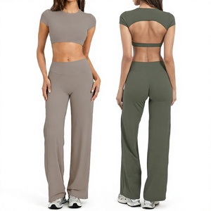 Women 2 Piece Yoga Set High Waist Wide Leg <b>Pants</b> Crew Neck Crop Top Cut-Out Back <b>Spandex</b> Polyester Seamless Activewear - Product Image 1