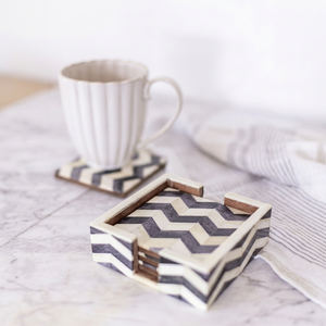 Bone Inlay <b>Square</b> Coasters Set with <b>Black</b> & White Geometric Pattern Non-Slip <b>Table</b> Mats for <b>Coffee</b> and Dining Decor - Product Image 1