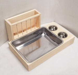 3 in 1 iki yönlü ahşap saman besleyici standı Bunny çiğnemek oyuncaklar tavşan Rattan çim paslanmaz çelik kum kabı tepsi ve gıda standı - Product Image 2