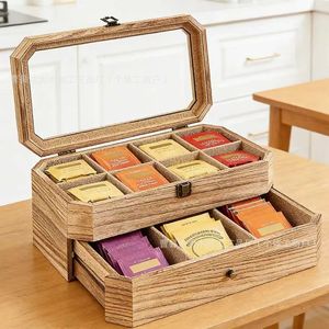 Wooden Double Layer <b>Tea</b> Storage <b>Box</b> With Lid Divided Compartments Desktop Organizer For <b>Tea</b> Coffee Bags - Product Image 3