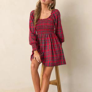 <span class=keywords><strong>Abito</strong></span> alla moda da donna di natale estivo a manica lunga in cotone <span class=keywords><strong>rosso</strong></span> Plaid - Product Image 1