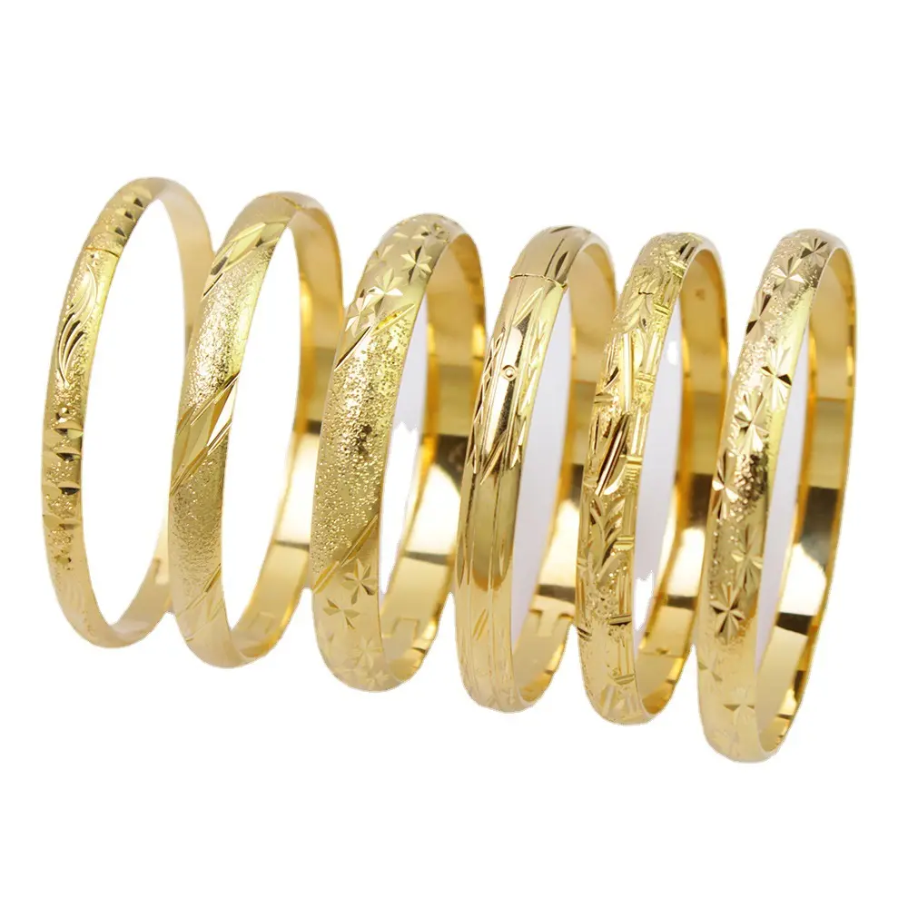 High Quality Fashion Gold Jewelry 14k Yellow Goldfill Plated Etched Circles Bangle Smooth Closed Bracelet