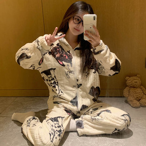 Ensembles de vêtements de nuit <span class=keywords><strong>hiver</strong></span> épaissi 260g flanelle pyjamas femmes mignon dessin animé col haut velours fermeture éclair ensemble décontracté - Product Image 3