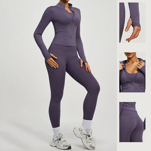 Conjunto Deportivo de Yoga para Mujer, Alta Elasticidad, Cuello Alto, Chaqueta Ajustada, Pantalones de Cintura Alta <span class=keywords><strong>con</strong></span> Efecto Levanta Glúteos, 2 Piezas - Product Image 2
