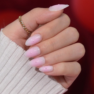 Faux ongles press-on de haute qualité, courts, en amande, rose ombré printanier, à pois 3D, avec breloque perle, vente en gros pour la Saint-Valentin - Product Image 1