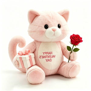 customized Pink cat plush holding <b>red</b> rose and pink <b>ribbon</b> gift box, Ultra soft fluffy pastel pink cat plushie - Product Image 2